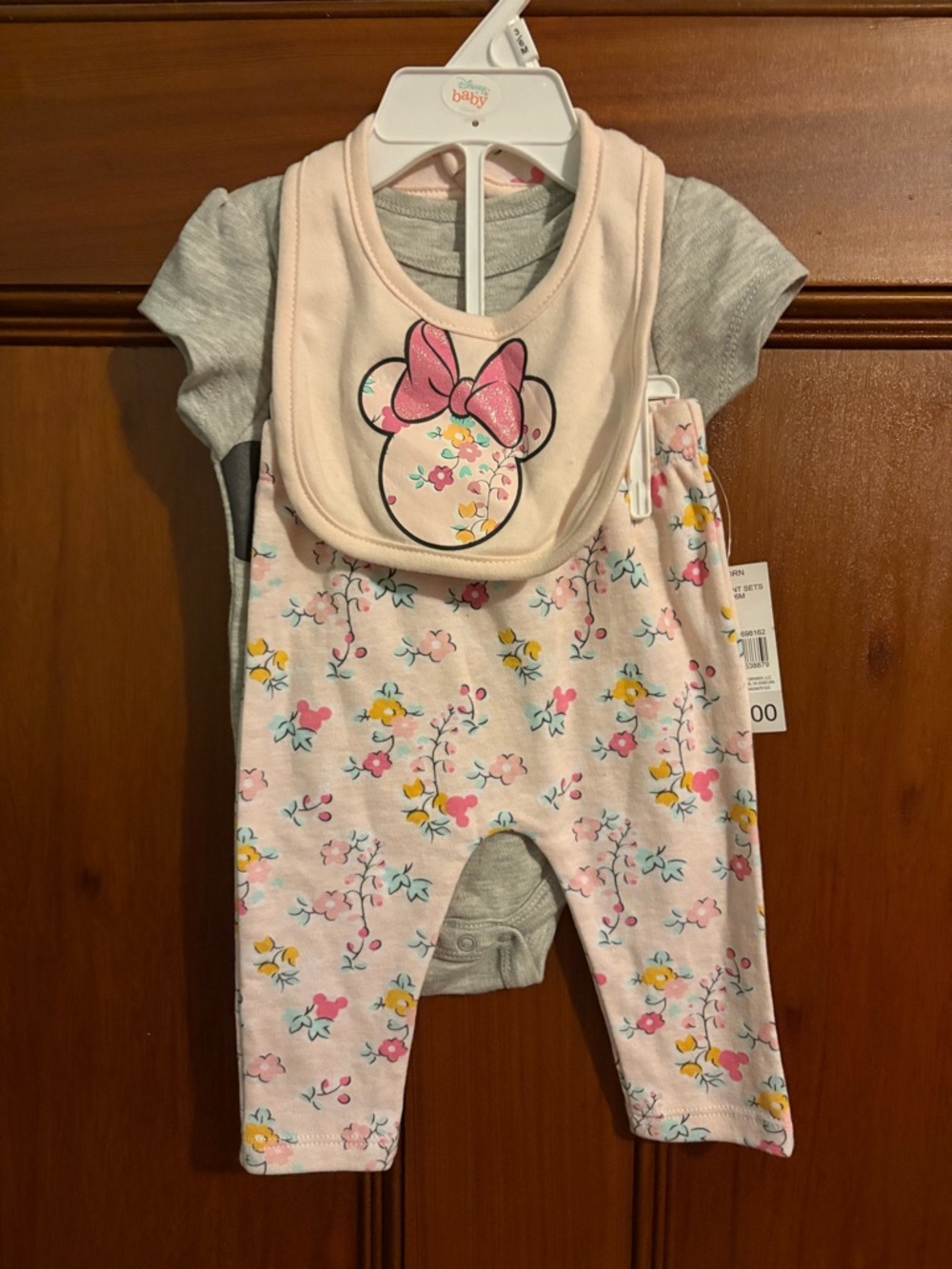 Disney Baby Minnie Mouse Outfit Set 3-6 Months Pink Floral Pants Bib Cute